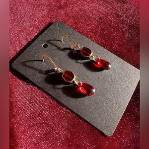 Handmade Red Glass Earrings, Gold and Red Dangle Earrings, Teardrop Earrings